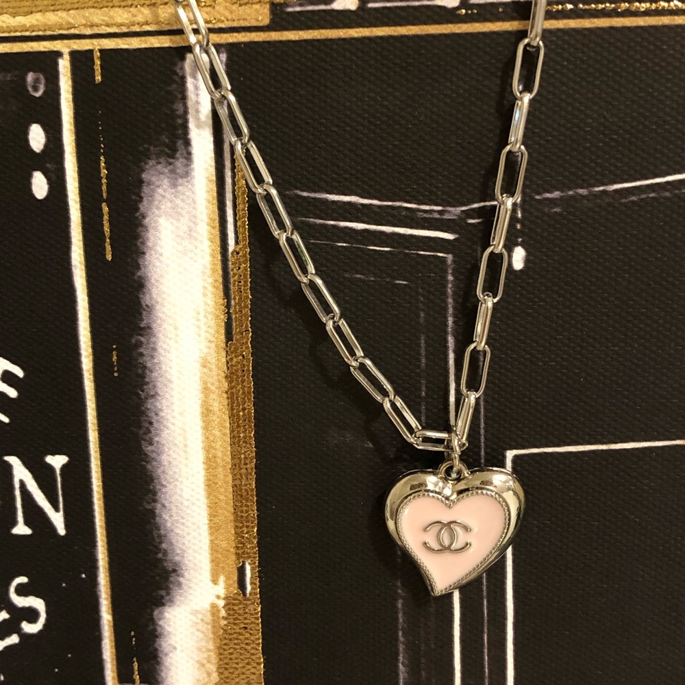 Chanel Auth. “Heart” Charm Silver w White, onto SS Link Necklace (New!)